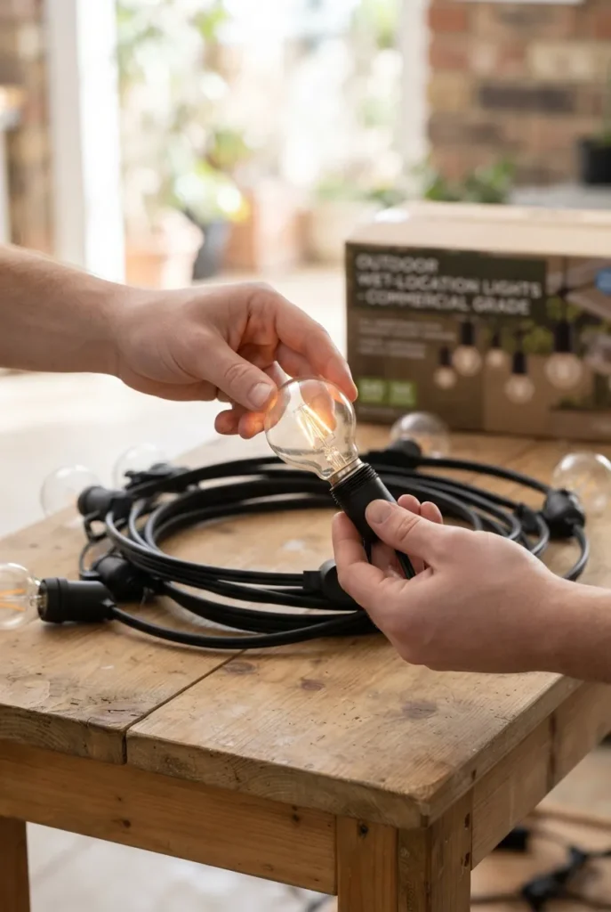 Choosing outdoor-rated globe bulbs for covered patio string lights
