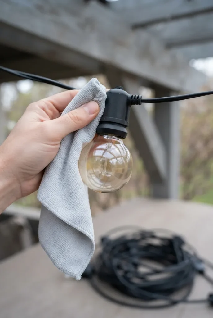 Cleaning covered patio string lights in spring for longer life
