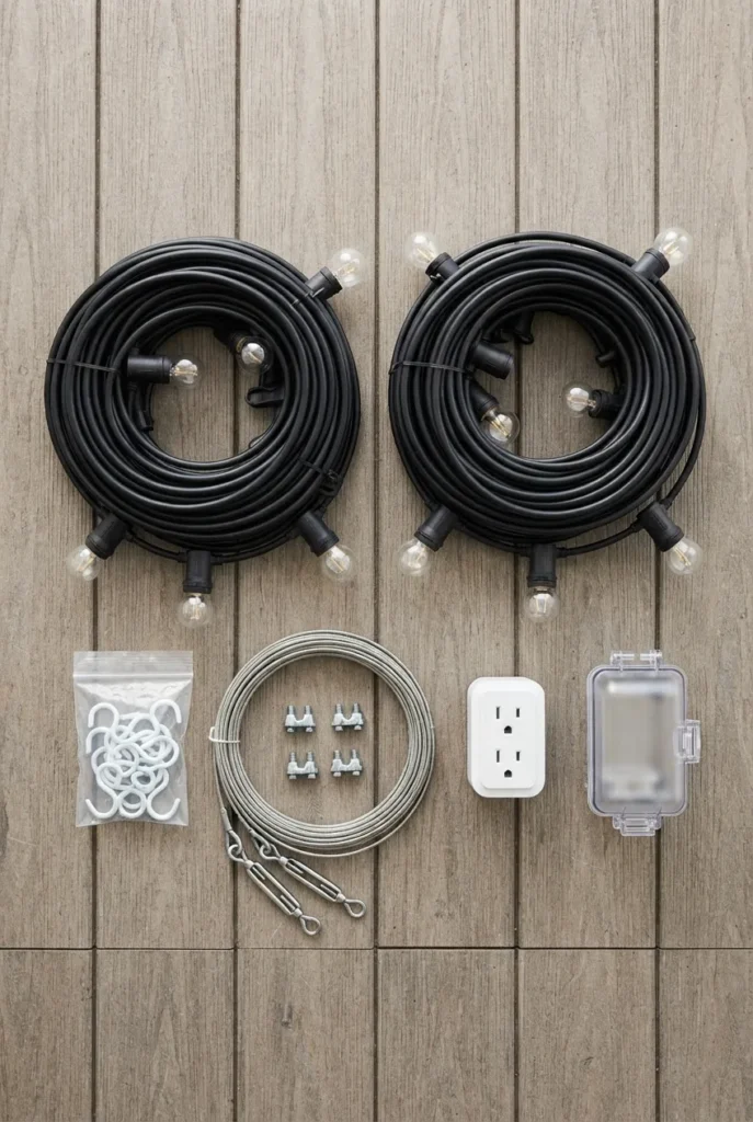 Covered patio string lights shopping list of strands hooks and smart plug