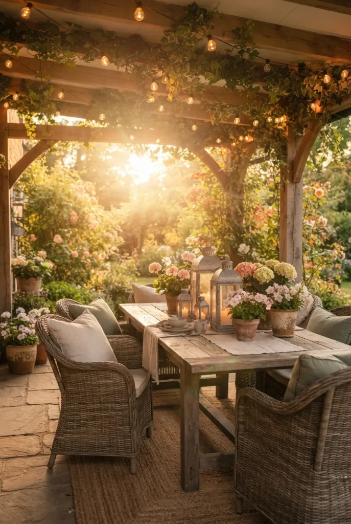 Cottage-style covered patio string lights woven with greenery and lanterns