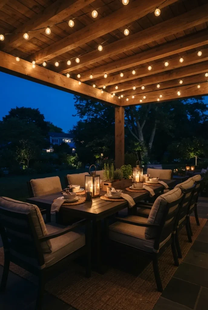 Finished covered patio string lights glowing over a cozy dining setup