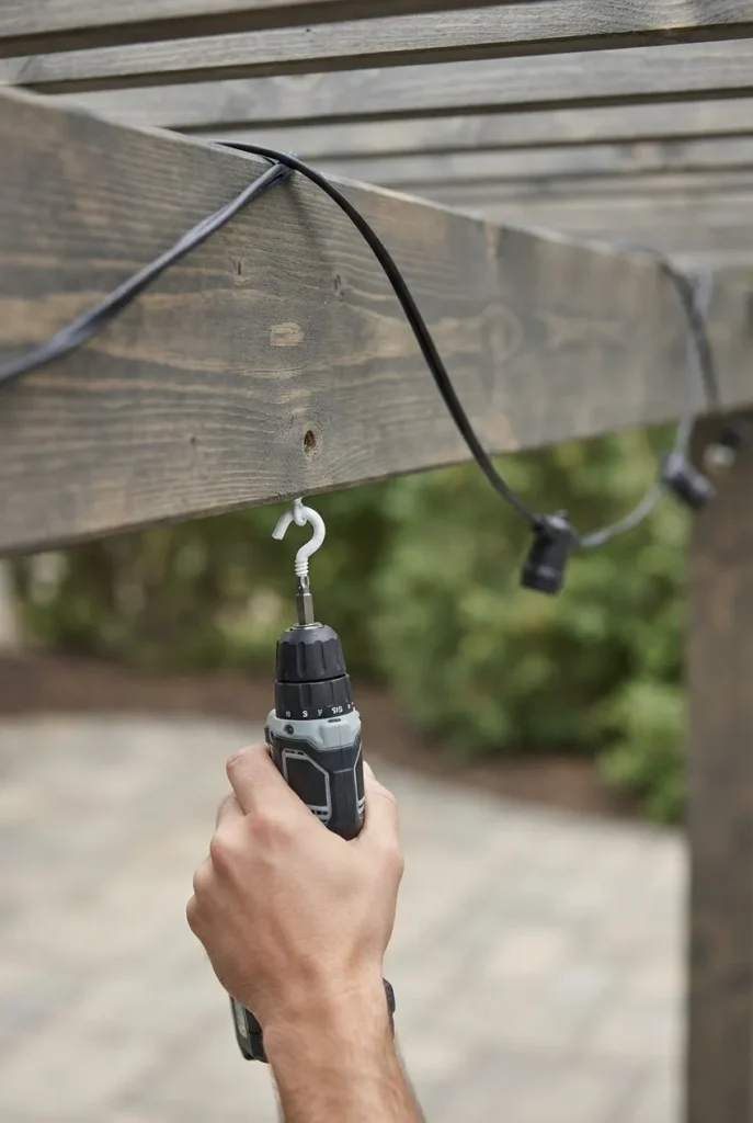 Hanging covered patio string lights with cup hooks on a wood beam