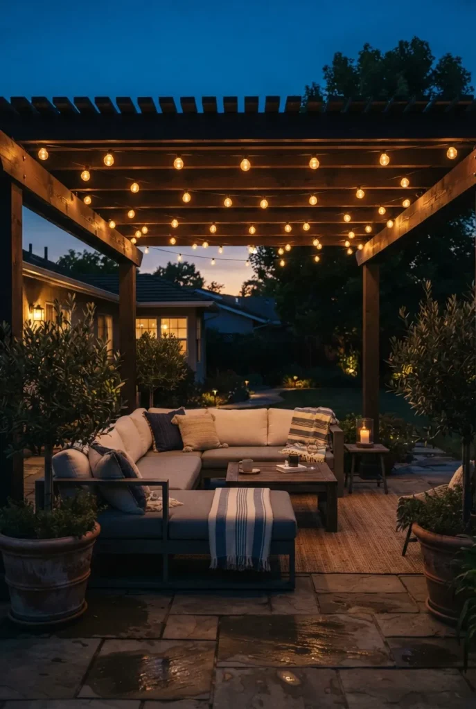 Covered patio string lights glowing warm under a wood pergola at dusk