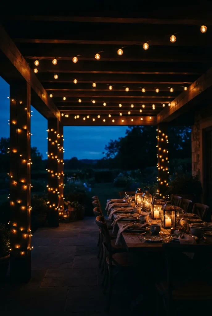 Covered patio string lights in straight rows with wrapped posts at night