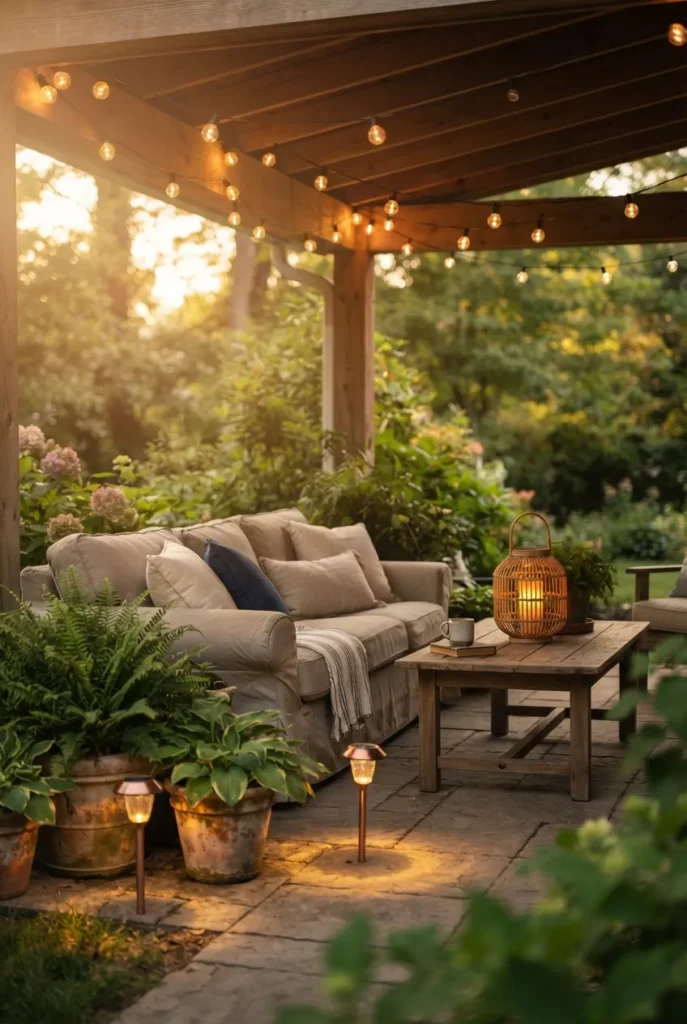 Three-layer covered patio string lights with lanterns and ground glow