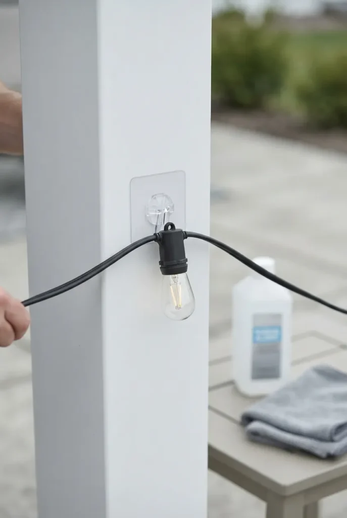 No-drill adhesive hook holding covered patio string lights for renters