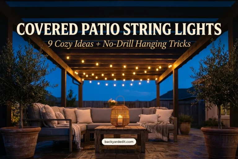 Covered patio string lights glowing over a cozy pergola seating area at dusk