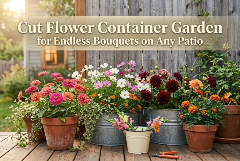 Cut flower container garden with zinnias and dahlias in galvanized pots on a patio