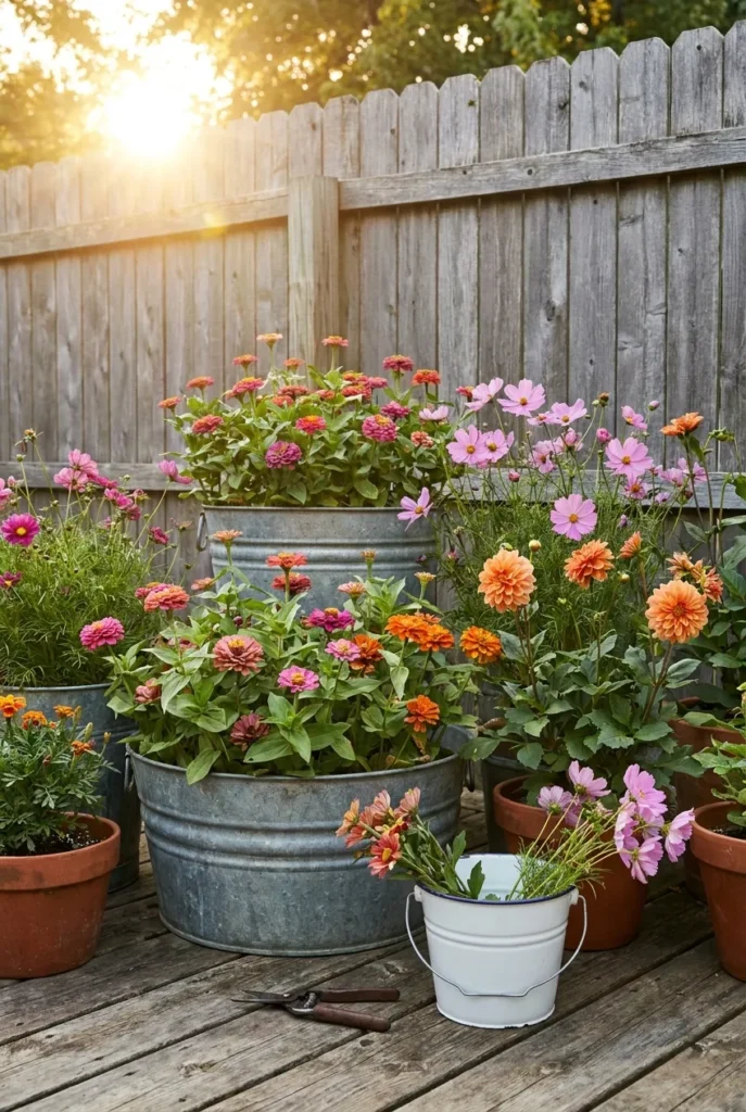 Cut flower container garden with zinnias and dahlias in galvanized pots on a patio