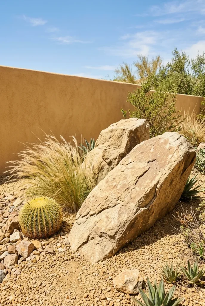 Buried boulders as anchors among gravel and cactus in a desert front yard