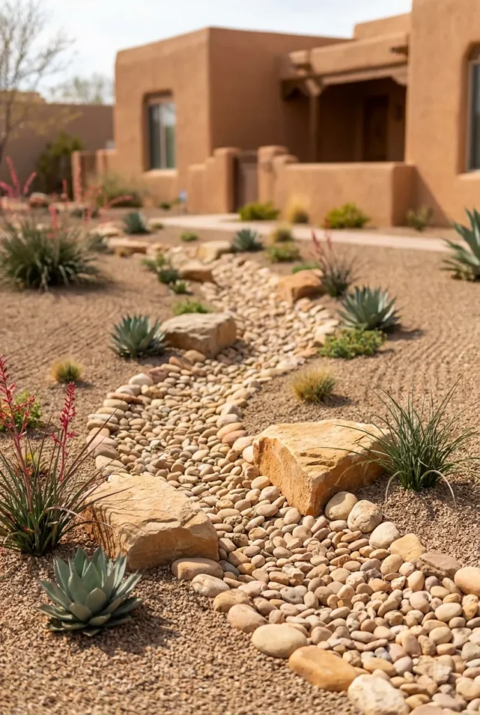 Dry creek bed with river rock winding through a desert front yard