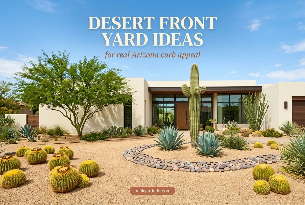 Desert front yard ideas pin with saguaro, agave and gravel curb appeal