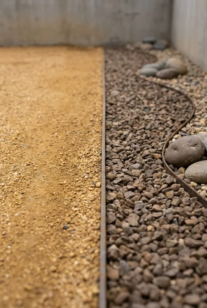 Decomposed granite and gravel dry creek detail for desert front yard ideas