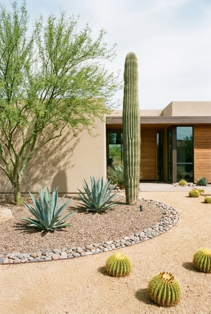 Desert front yard ideas with saguaro, agave and gravel at an Arizona home