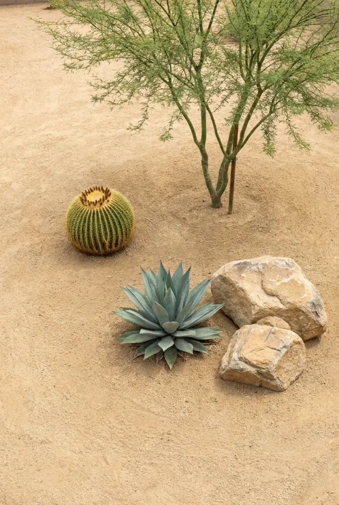 Three-layer desert front yard design with gravel, cactus and boulders