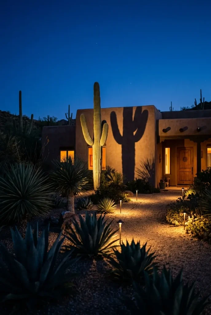 Desert front yard lighting uplighting a saguaro at dusk for curb appeal