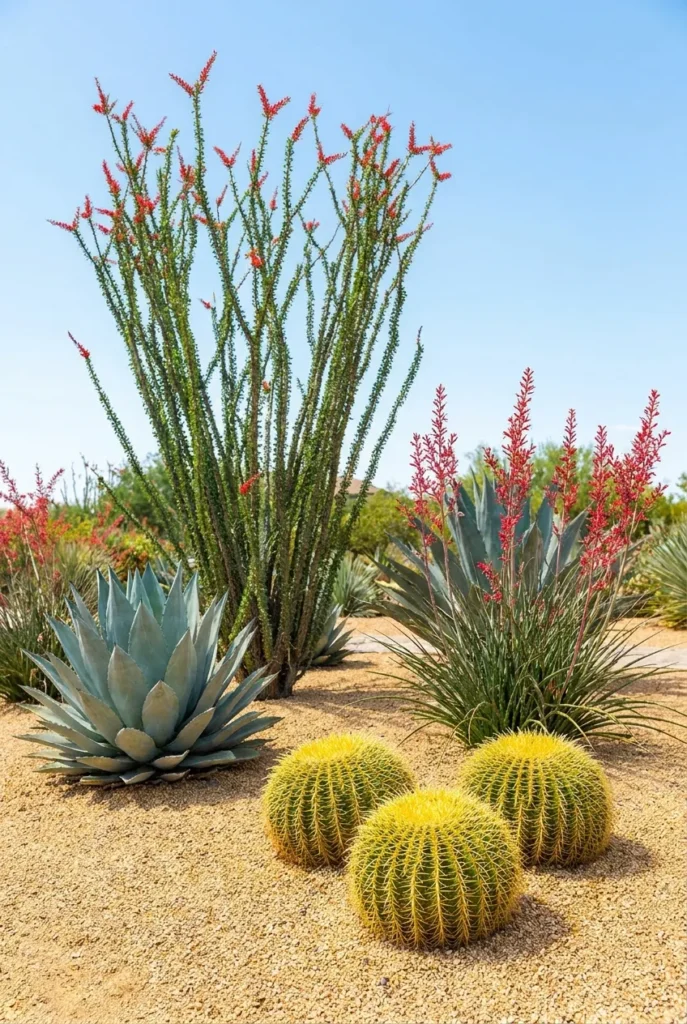Sculptural desert plants including agave, ocotillo and barrel cactus in gravel