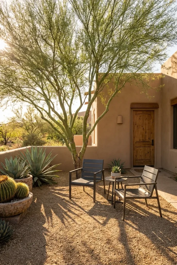 Palo Verde shade tree over a gravel seating nook in a desert front yard