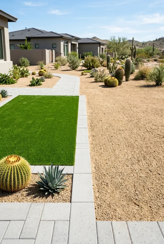 Small artificial turf patch framed by gravel in a low-water desert front yard