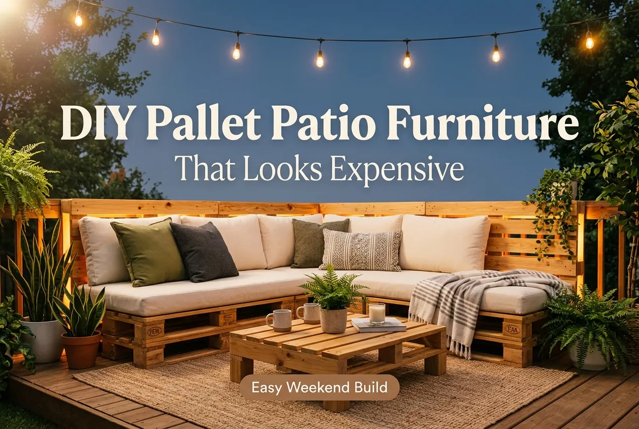 DIY pallet outdoor furniture patio sofa with cushions and string lights at dusk