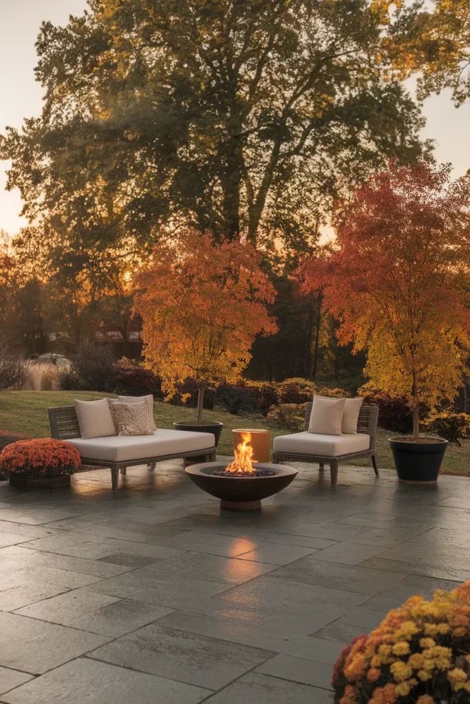 finished stamped concrete patio makeover in warm slate tones at golden hour in fall