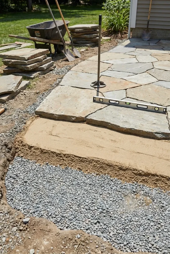 Flagstone patio cost and base-building, a practical flagstone patio idea in progress