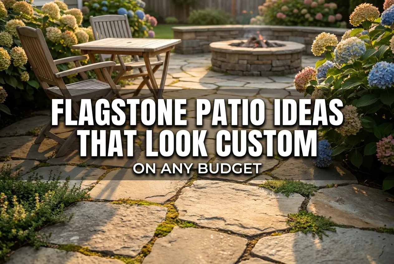 Flagstone patio ideas that look custom, with mossy joints, teak seating, and a fire pit