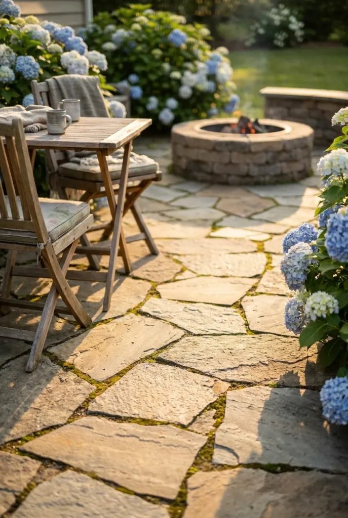 Flagstone patio ideas with mossy joints, teak seating, and a stone fire pit at golden hour