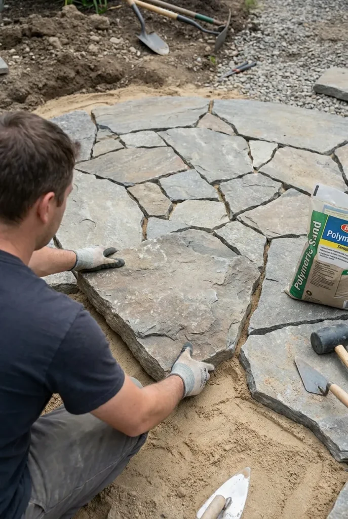 DIY flagstone patio ideas showing stones dry-fit like a puzzle before setting