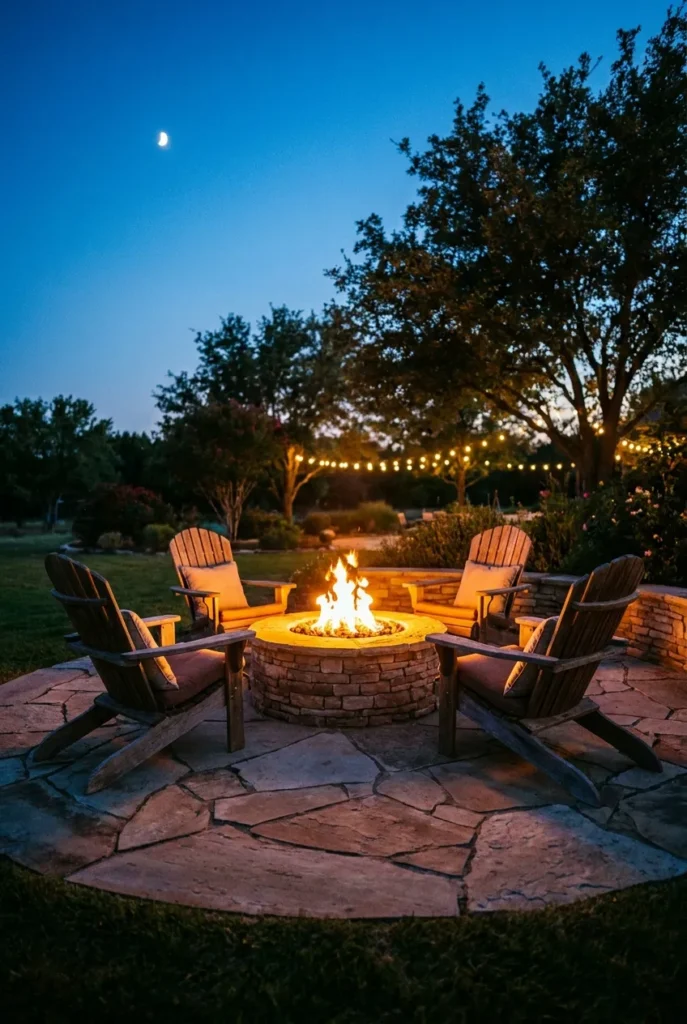 Flagstone patio ideas with a fire pit and Adirondack chairs at blue hour