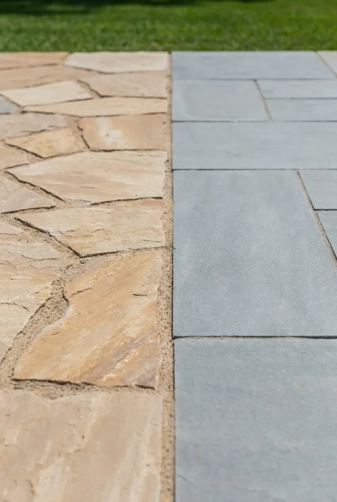 Flagstone patio ideas comparing irregular natural stone and cut bluestone layouts