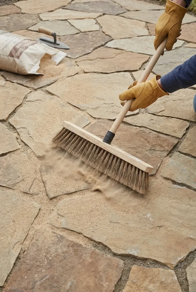 Filling flagstone patio joints with polymeric sand, a key flagstone patio idea step
