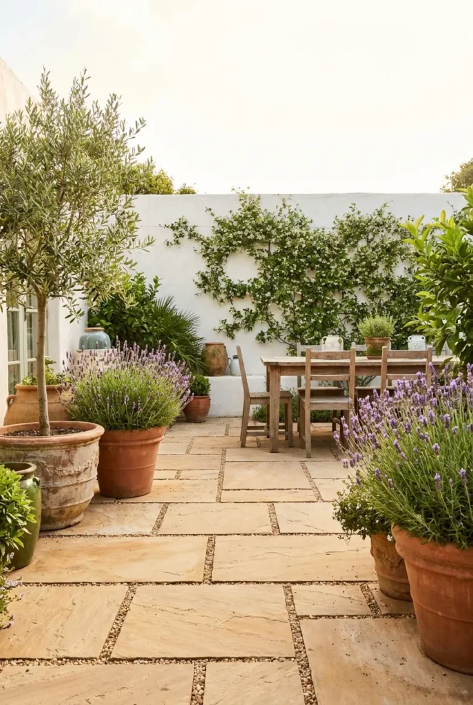 Mediterranean flagstone patio ideas with sandstone, terracotta pots, and lavender