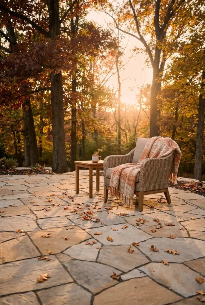Flagstone patio ideas in fall with warm foliage and cozy seating