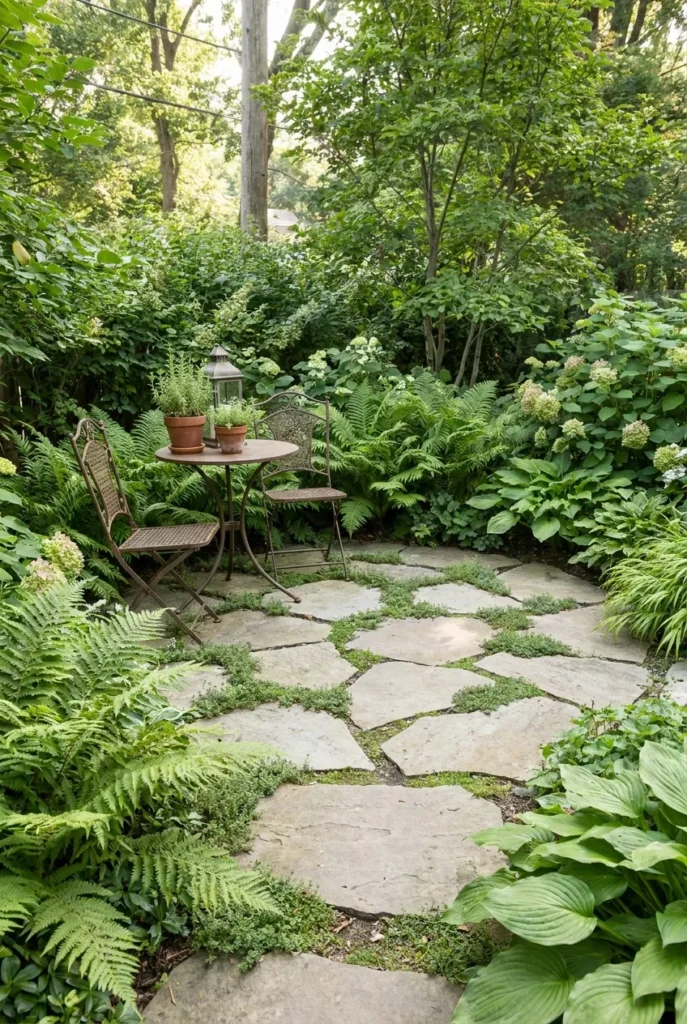 Small flagstone patio ideas with a bistro set nestled in a green corner