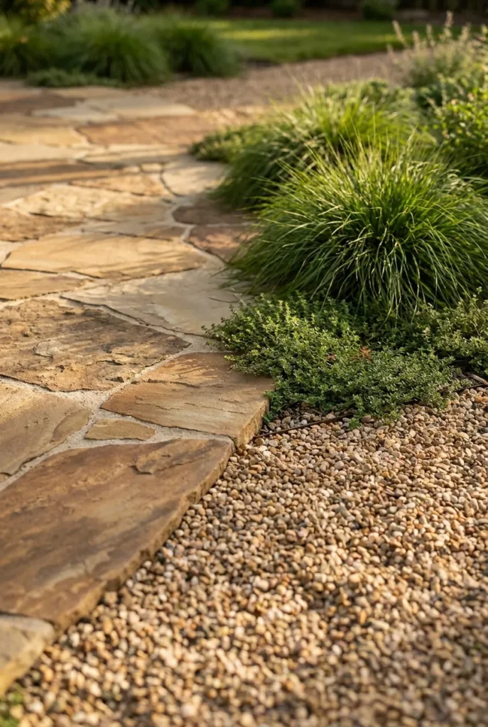 Flagstone patio ideas showing soft plant and gravel edges that blur the border