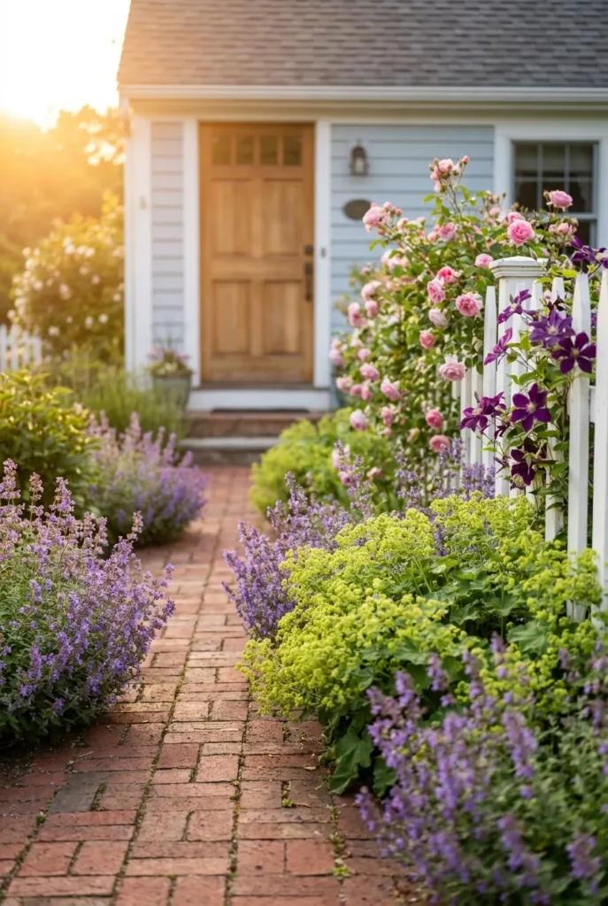 Front yard cottage garden border framing a path to the door