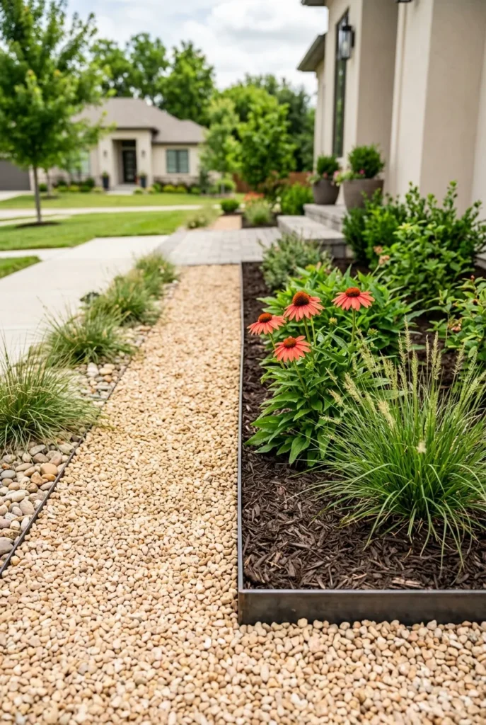 Front yard rock and mulch combo with steel edging and flowering plants
