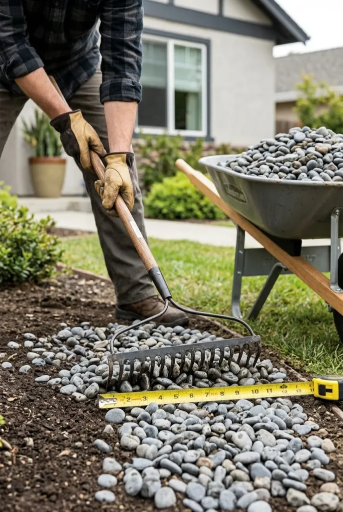 Spreading river rock two inches deep in a front yard bed with a rake