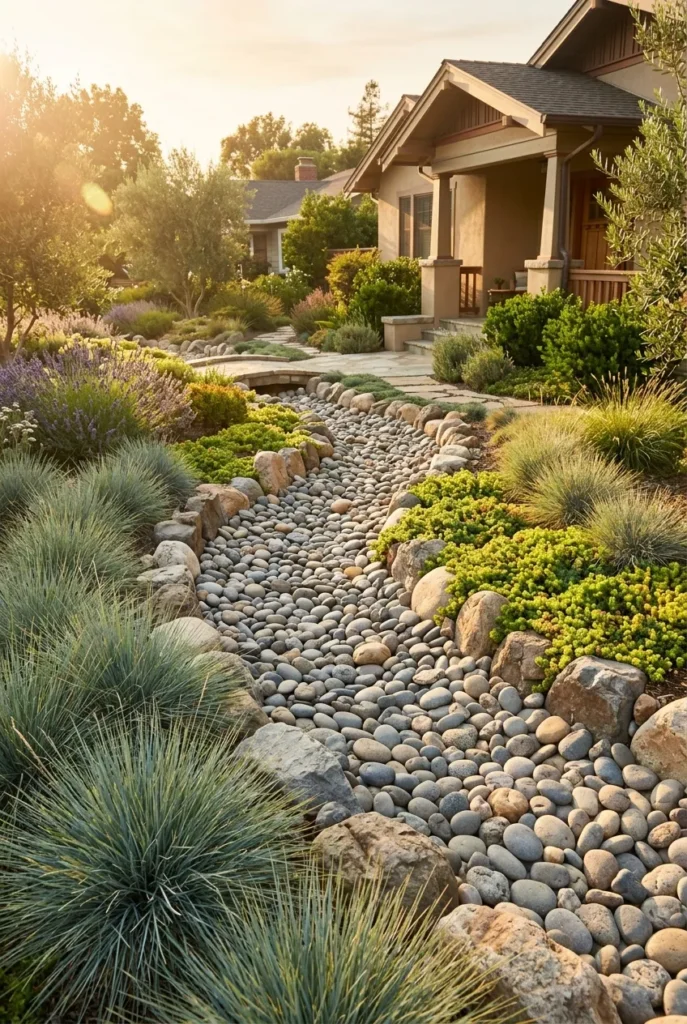 Dry creek bed of river rock winding through a low water front yard