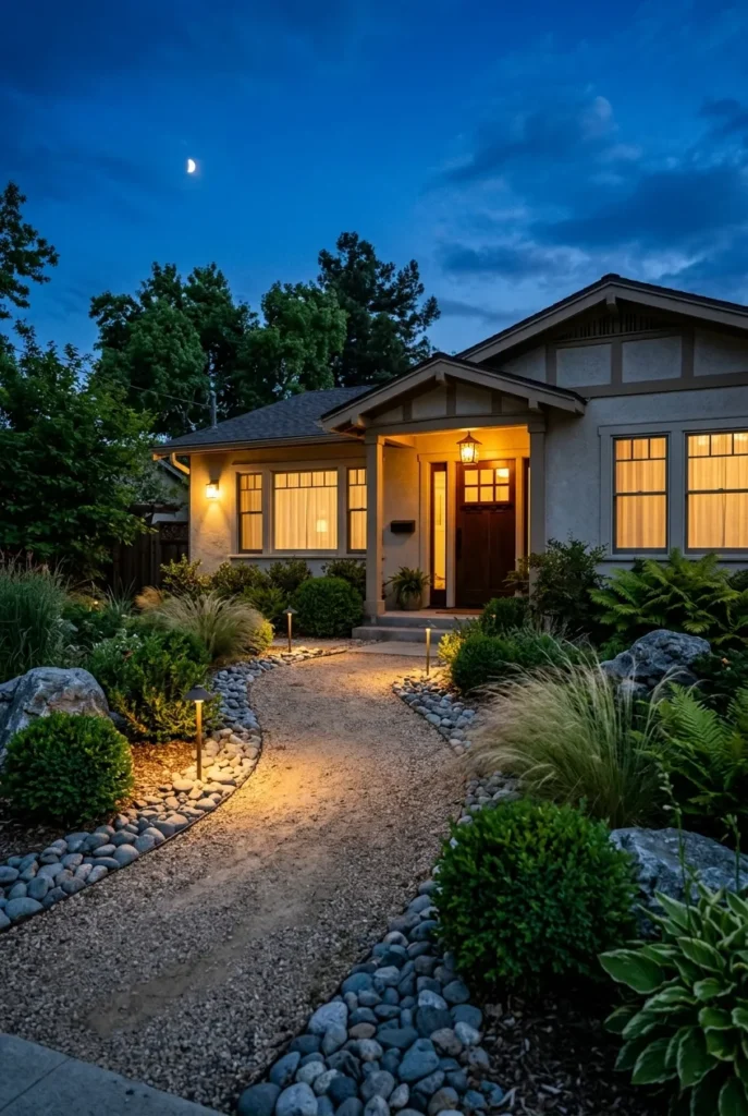 Front yard landscaping with rocks lit at dusk balancing stone and greenery