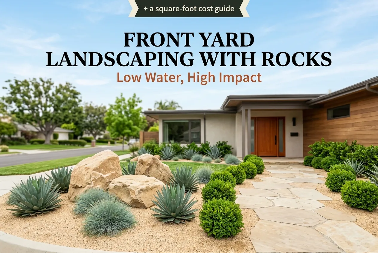 Front yard landscaping with rocks and boulders framing a modern home entrance