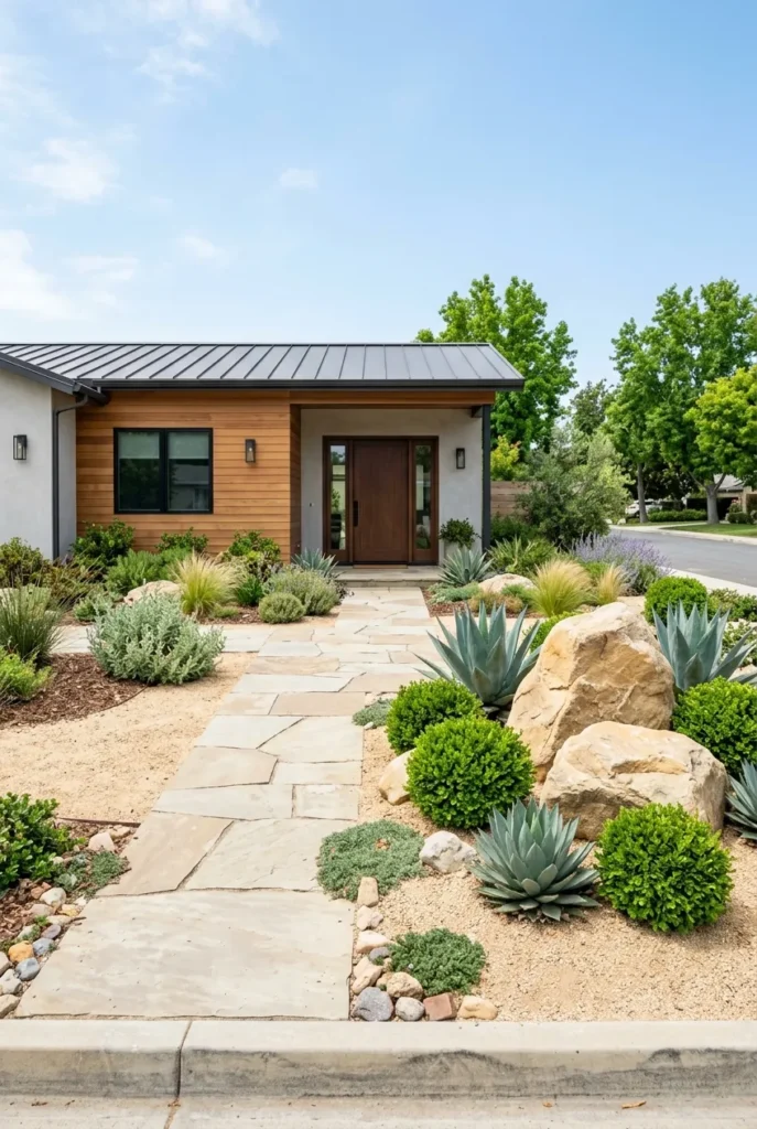 Front yard landscaping with rocks and boulders framing a modern home walkway