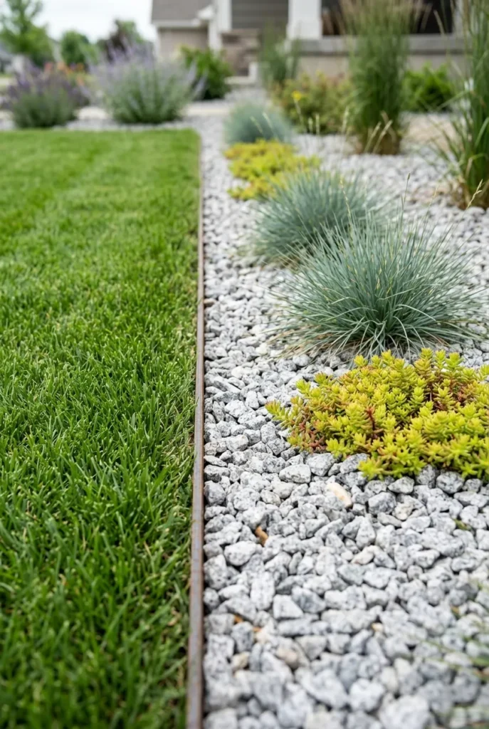 Low maintenance front yard rock bed meeting lawn with clean steel edging