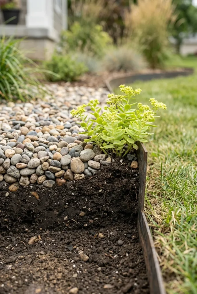 Correct rock bed layering with graded soil and no landscape fabric