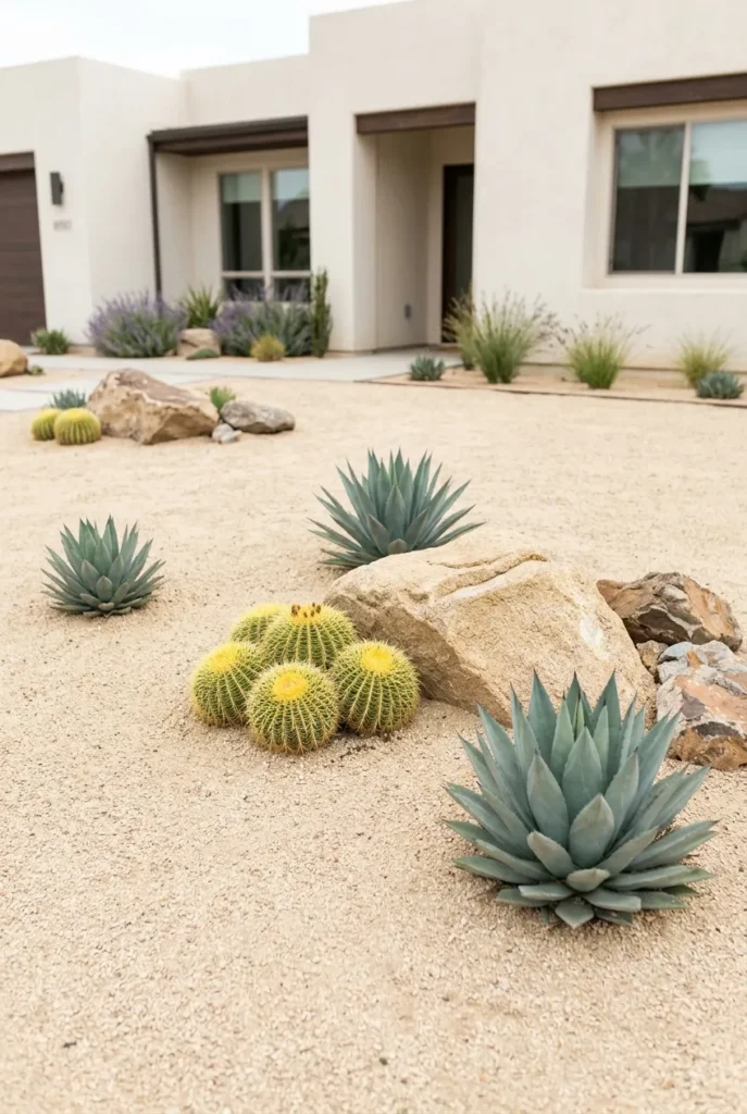 Front yard landscaping with rocks no grass using agave and boulders
