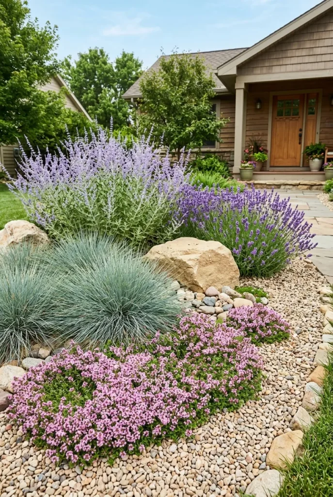 Drought tolerant plants for front yard rock landscaping lavender and fescue
