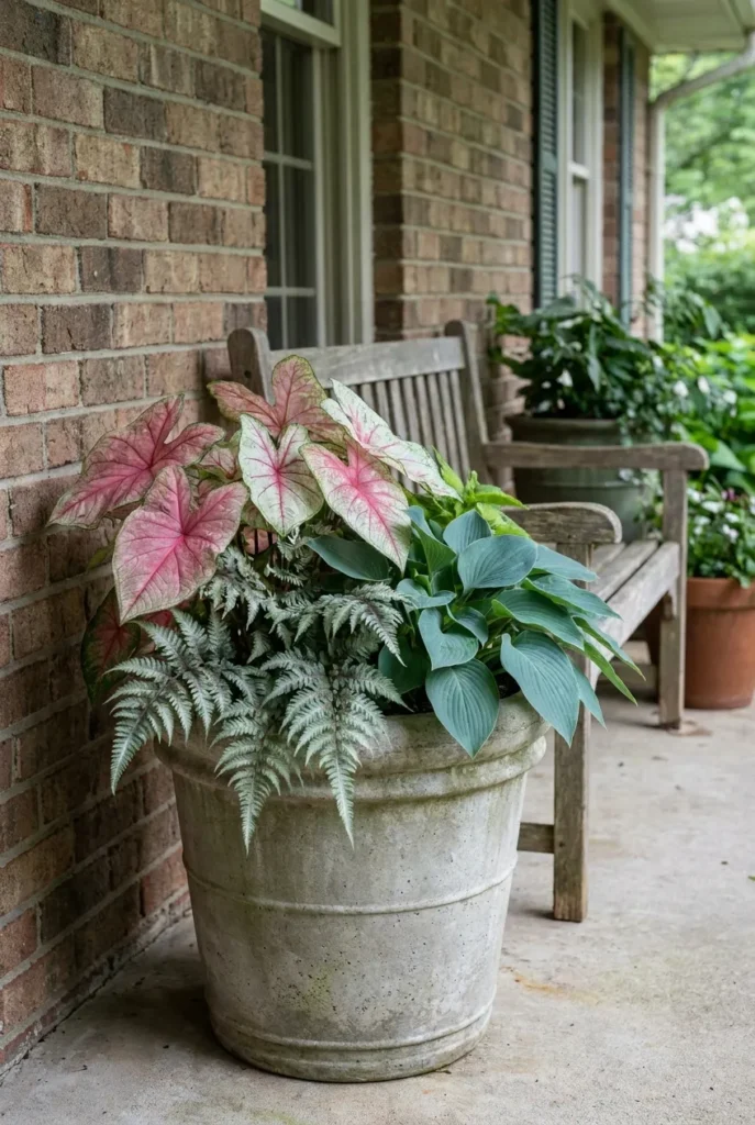 Full shade container plants with caladium, fern and hosta in a concrete pot