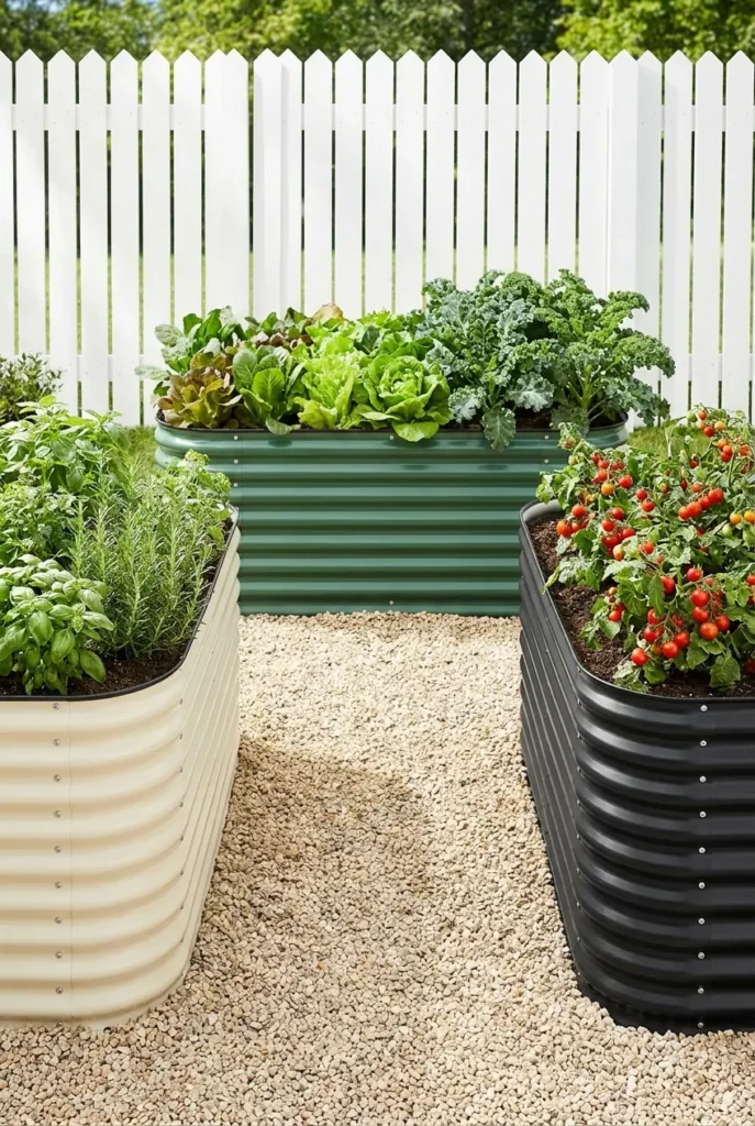 Cream, green, and black galvanized raised garden bed colors compared in a backyard