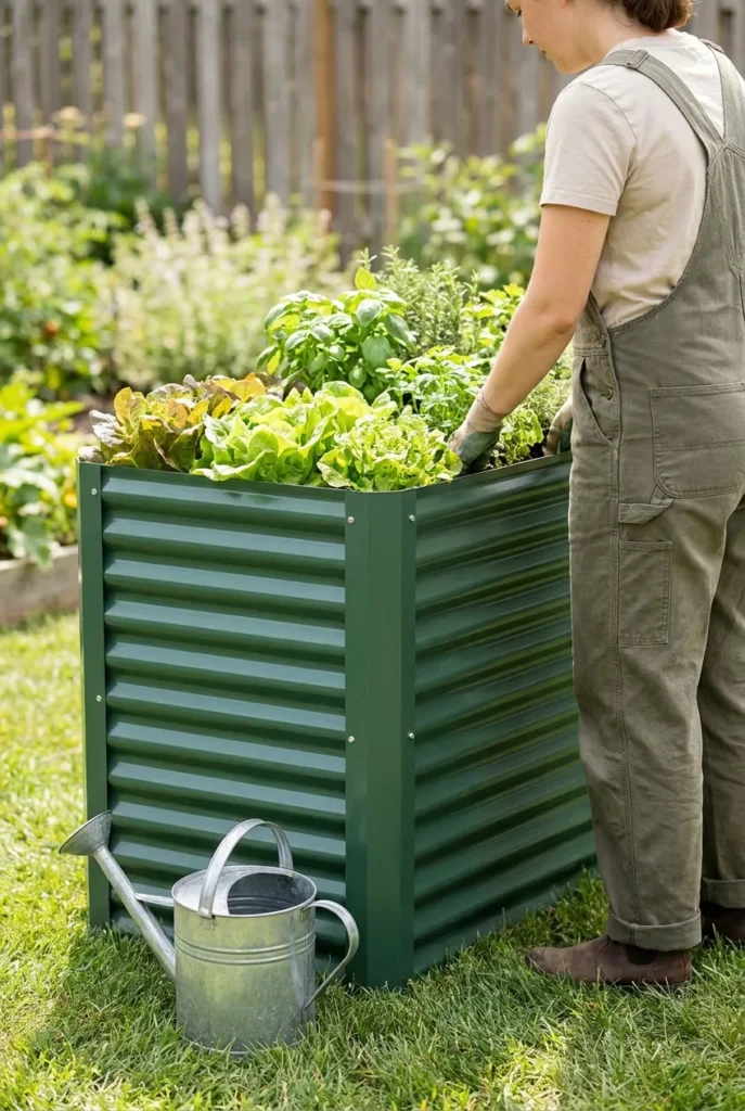 Tall galvanized raised garden bed at waist height for easy standing gardening